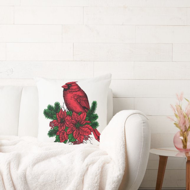 Cardinal bird, Christmas illustration Throw Pillow (Couch)