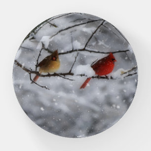 Cardinal Bird Couple in A Snow Tree Paperweight