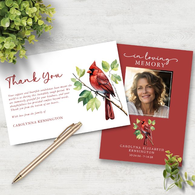 Cardinal Bird Funeral Memorial Photo Thank You Card (Cardinal Bird Funeral Memorial Photo Thank You Card)