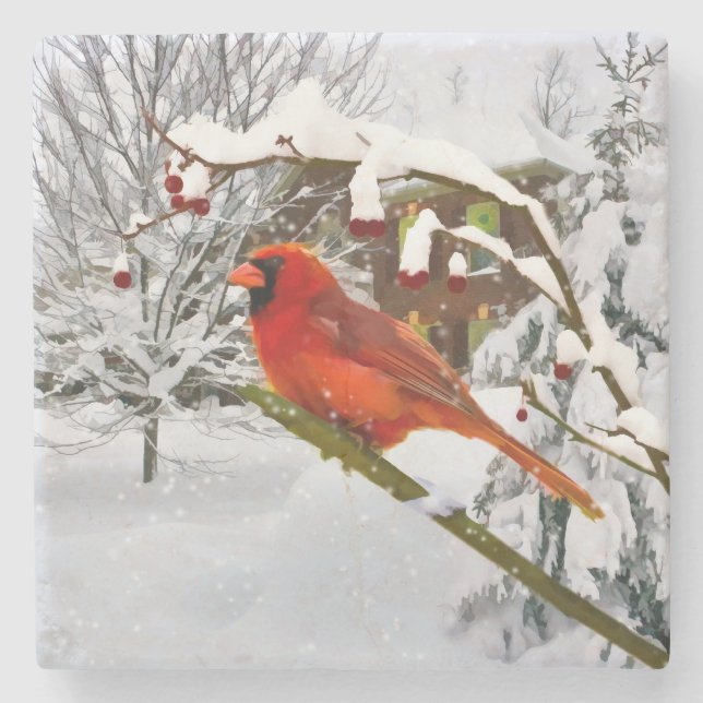 Cardinal Bird in the Snow Stone Coaster (Front)