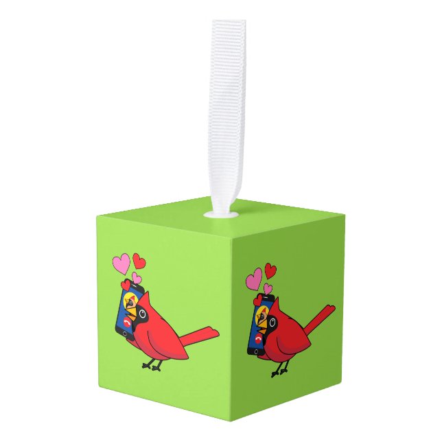 Cardinal Bird Love Mating Calls Cube Ornament (Front Angled)