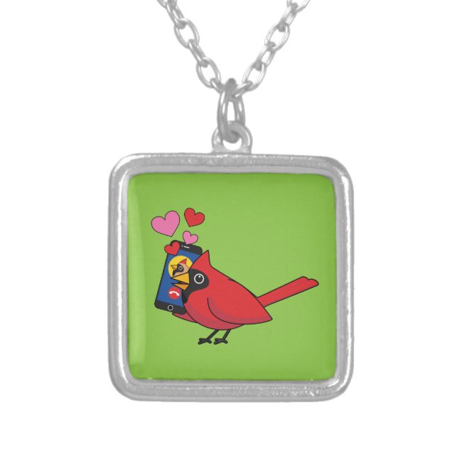Cardinal Bird Love Mating Calls Silver Plated Necklace (Front)