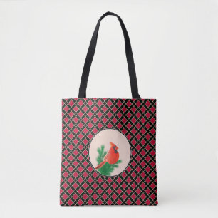 Cardinal bird on black and red checkered tote bag