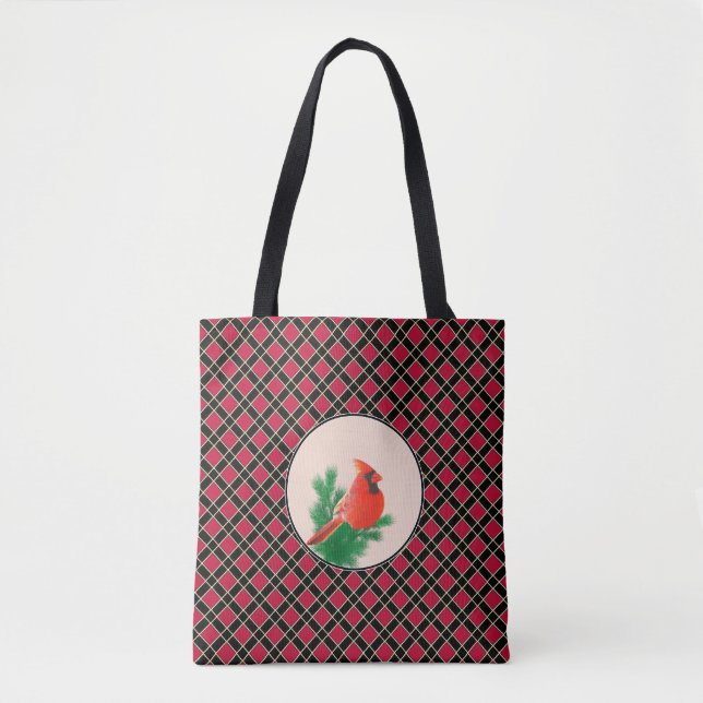 Cardinal bird on black and red checkered tote bag (Front)