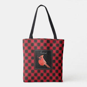 Cardinal bird on black red checkered pattern tote bag
