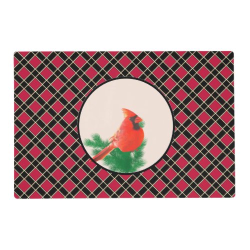 Cardinal bird on Black  Red Checkered Placemat