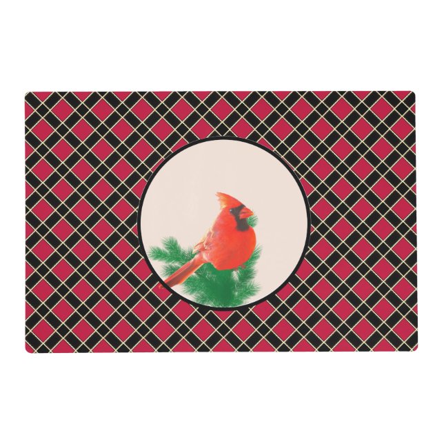 Cardinal bird on Black & Red Checkered Placemat (Front)