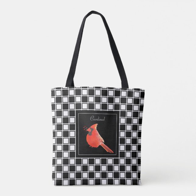 Cardinal bird on black white checkered pattern tote bag (Back)