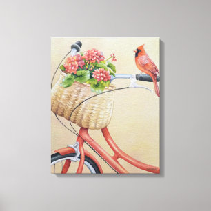 Cardinal Bird Perched on Bicycle Watercolor Art Canvas Print