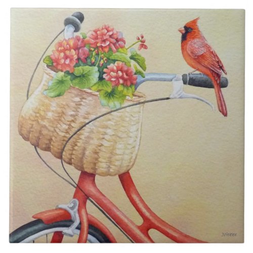 Cardinal Bird Perched on Bicycle Watercolor Art Ceramic Tile