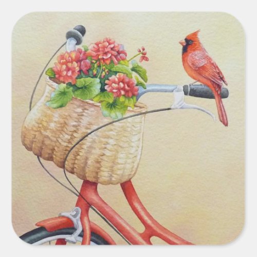 Cardinal Bird Perched on Bicycle Watercolor Art Square Sticker