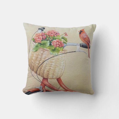 Cardinal Bird Perched on Bicycle Watercolor Art Throw Pillow