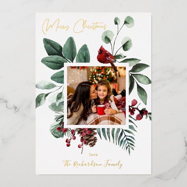 Cardinal Bird & Pine Merry Christmas Photo Foil Invitation (Front)