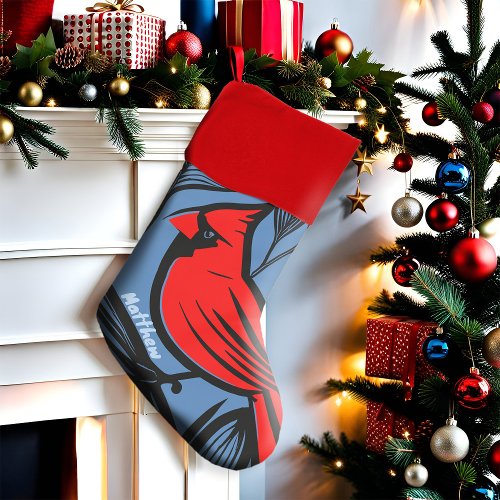 Cardinal Bird Red  Blue Tattoo Style Bold Birding Christmas Stocking
