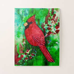 Cardinal Bird Red Green Colorful Forest Water-colo Jigsaw Puzzle