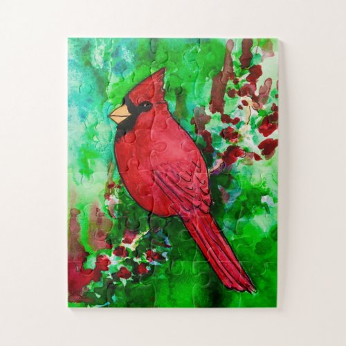 Cardinal Bird Red Green Colorful Forest Water_colo Jigsaw Puzzle