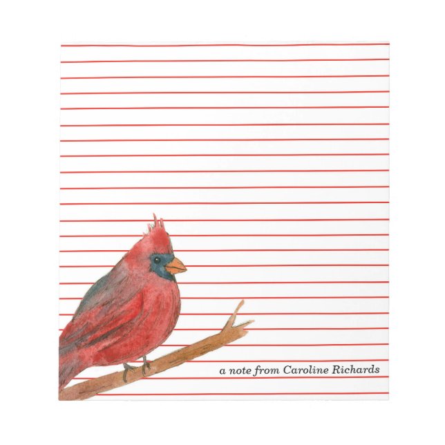 Cardinal Bird Red Lined Custom Name Notepad (Front)
