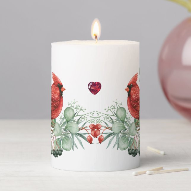 Cardinal Bird & Ruby Heart Pillar Candle (In Situ)