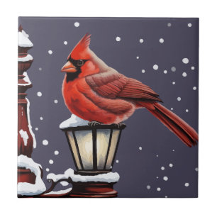 Cardinal Bird Sat On A Snow Covered Street Lantern Ceramic Tile