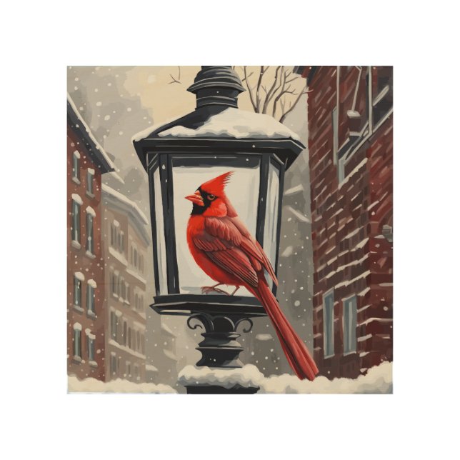 Cardinal Bird Sat On A Snow Covered Street Lantern Wood Wall Art (Front)