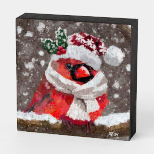 Cardinal Bird Scarf & Hat in Snow Christmas Wooden Box Sign