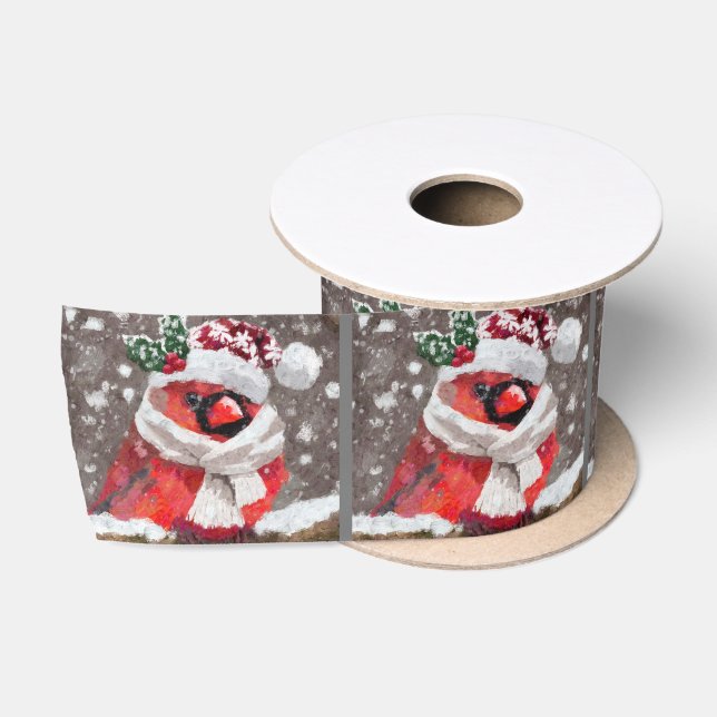 Cardinal Bird Scarf Hat Snow Christmas Seasonal Satin Ribbon (Spool)