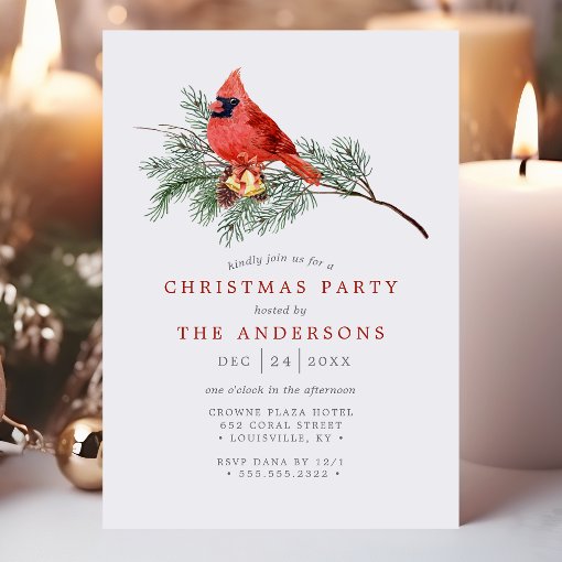Cardinal Bird Vintage Watercolor Christmas Party Invitation | Zazzle