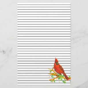 Cardinal Bird Watercolor Black Lined Stationery