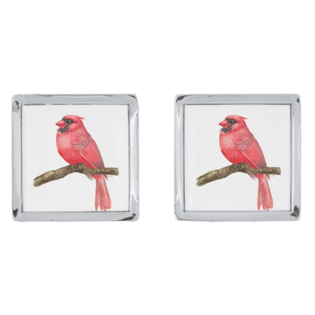 Cardinal bird watercolor cufflinks (Front)