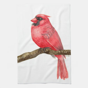 Cardinal bird watercolor kitchen towel