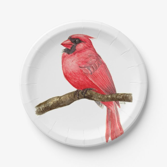 Cardinal bird watercolor paper plates (Front)