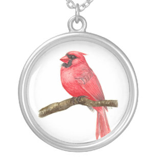 Cardinal bird watercolor silver plated necklace