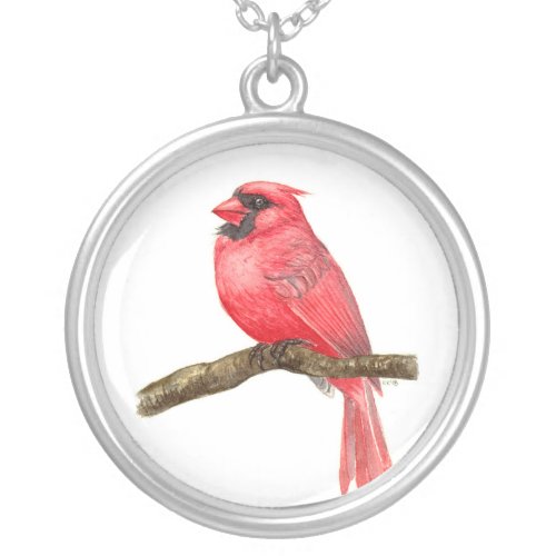Cardinal bird watercolor silver plated necklace