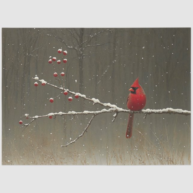 Cardinal Bird Winter Berry Tree Decoupage Tissue Paper (Front)