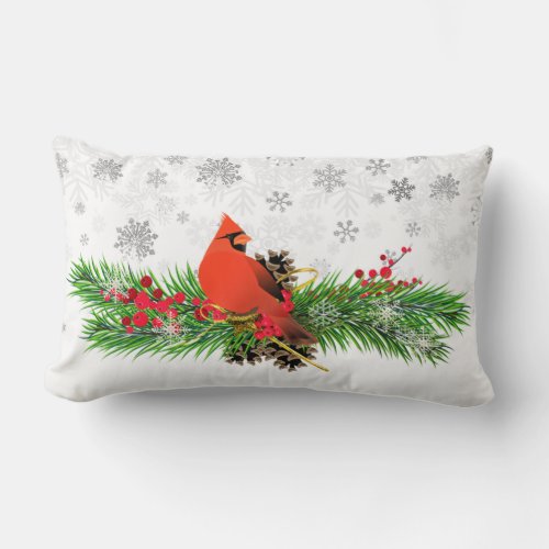 Cardinal Bird with Snowflakes Lumbar Pillow