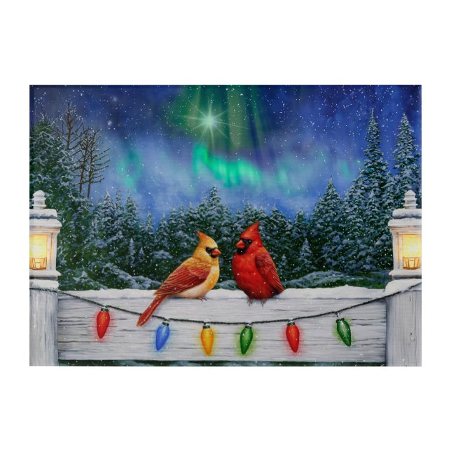 Cardinal Birds and Christmas Lights Acrylic Print (Front)