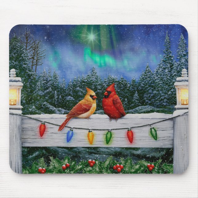 Cardinal Birds and Christmas Lights Mouse Pad (Front)