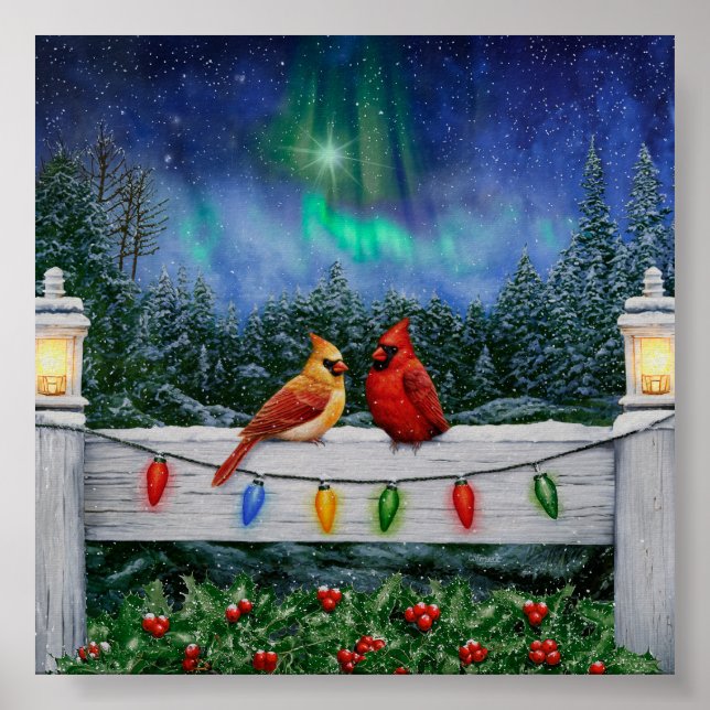 Cardinal Birds and Christmas Lights Poster (Front)