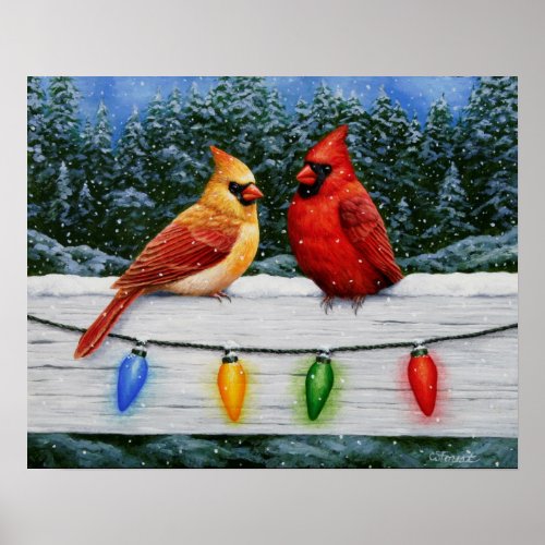 Cardinal Birds and Christmas Lights Poster