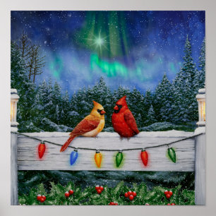 Cardinal Birds and Christmas Lights Poster