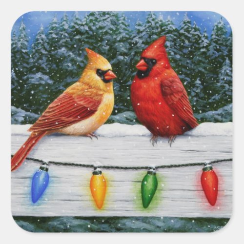 Cardinal Birds and Christmas Lights Square Sticker