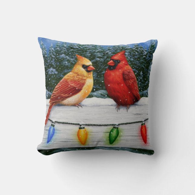 Cardinal Birds and Christmas Lights Throw Pillow (Front)