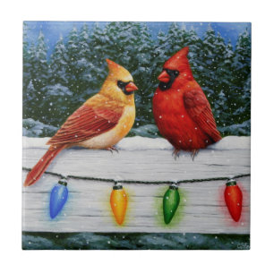 Cardinal Birds and Christmas Lights Tile