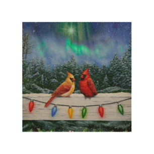 Cardinal Birds and Christmas Lights Wood Wall Art