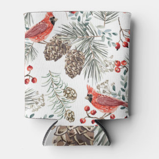 Cardinal Birds Christmas Vintage Pattern Can Cooler