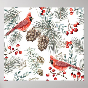 Cardinal Birds Christmas Vintage Pattern Poster