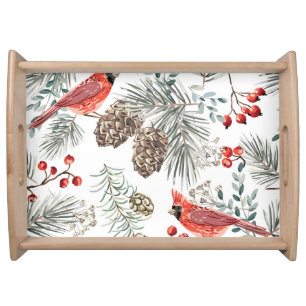 Cardinal Birds Christmas Vintage Pattern Serving Tray