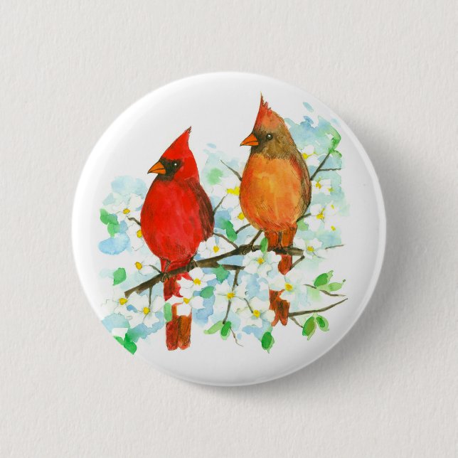 Cardinal Birds Dogwood Tree Button (Front)