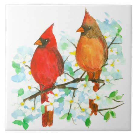 Cardinal Birds Dogwood Tree Watercolor Ceramic Tile
