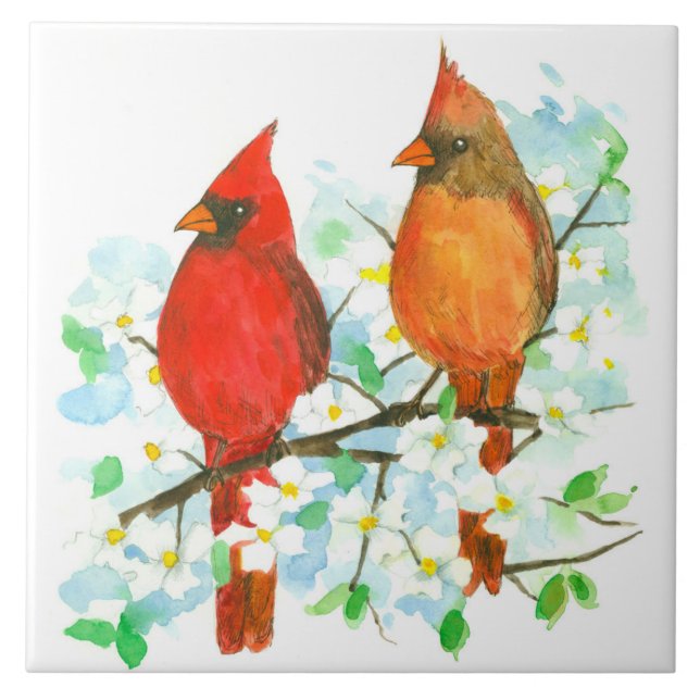 Cardinal Birds Dogwood Tree Watercolor Ceramic Tile (Front)